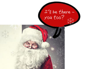 Smiling Santa Claus pointing on blank advertisement banner backg